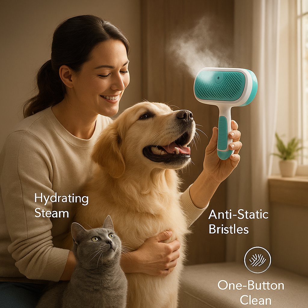Leo & Lily Pet Steam Brush for Dogs & Cats – Self-Cleaning Deshedding Grooming Brush with Mist Spray, Anti-Static Bristles, Gentle for Long-Haired Cats & Shedding Dogs