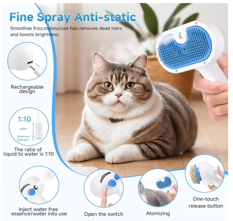 Leo & Lily Pet Steam Brush for Dogs & Cats – Self-Cleaning Deshedding Grooming Brush with Mist Spray, Anti-Static Bristles, Gentle for Long-Haired Cats & Shedding Dogs